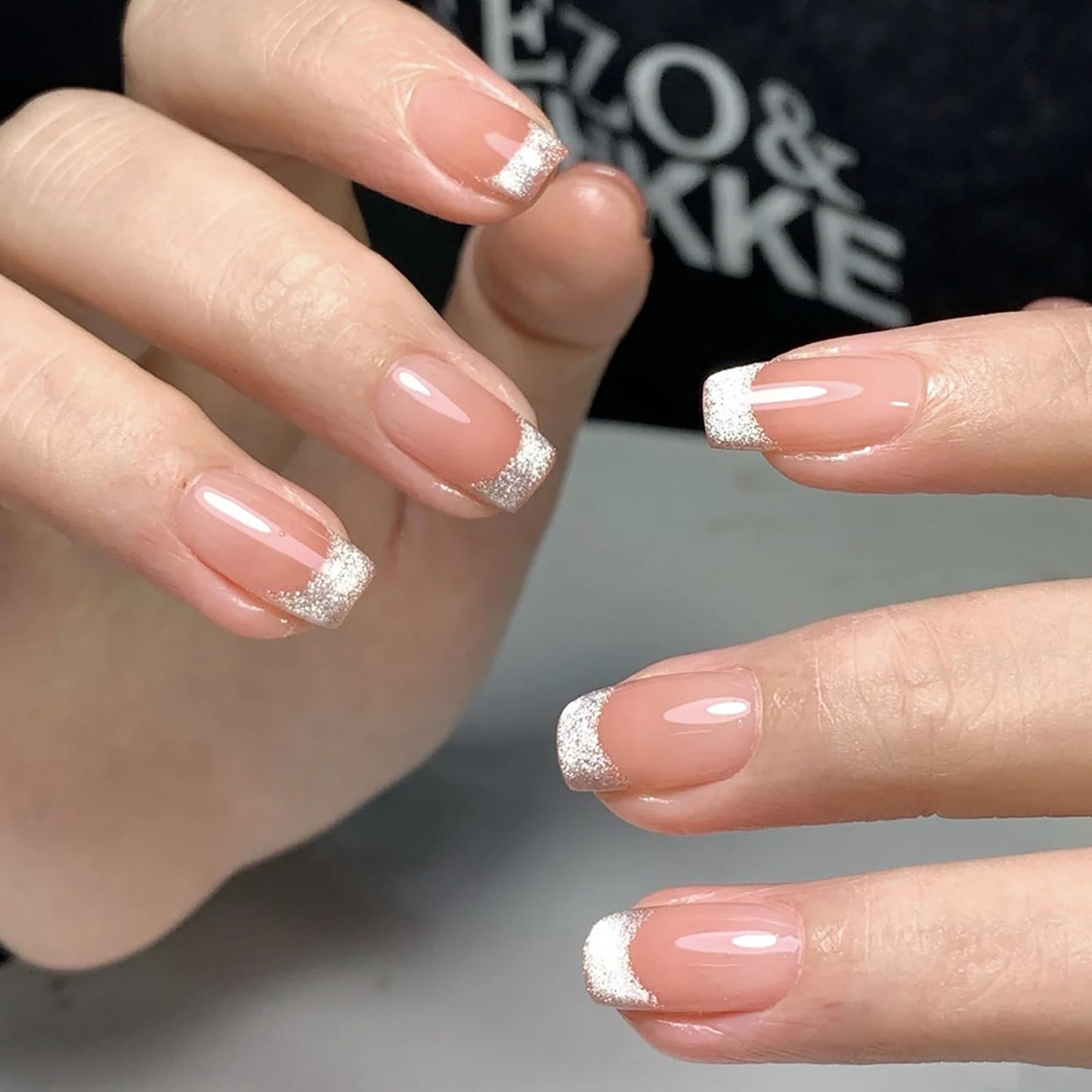 Medium Square Press on Nails Gold Glitter French Tip Fake Nails Nude Pink Nails Press ons Acrylic False Glossy Artificial Full Cover Stick on Nails for Women Girls 24 Pcs