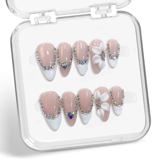 10 Pcs Flower Handmade Press on Nails Almond Shape Luxury Medium Hand Made Nails with Design Flower Artificial Stick on Nails French Tip False Nail for Women (M)