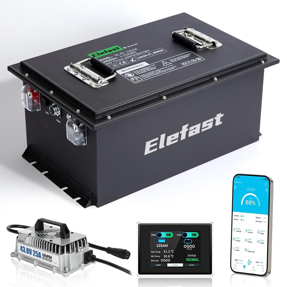 36V 105AH Lithium Golf Cart Battery with 2.8-inch LCD Touchscreen and 25A Fast Charger,Built-in Bluetooth and 200A BMS,Up to 6000+ Deep Cycle,Perfect for Golf Carts,Club Car,Lawnmower