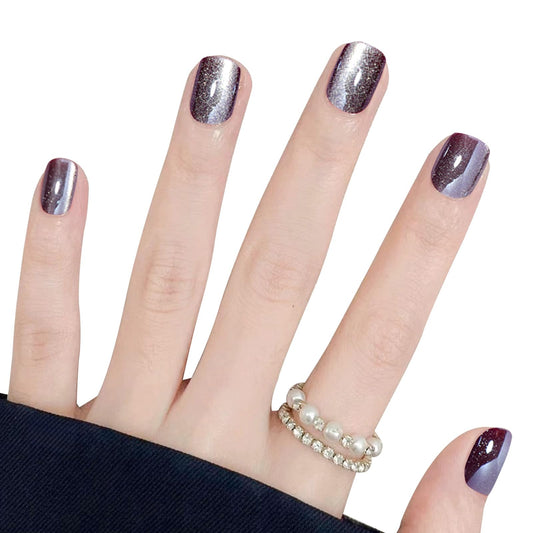 AsBellt Press On Nails - Short Oval Fake Nails with Cat Eye Velvet Finish, Glossy Full Cover Stick on Nails for Women Manicure, Salon Quality Halloween Nails | 12 Sizes - 24 Nail Kit-Burgundy