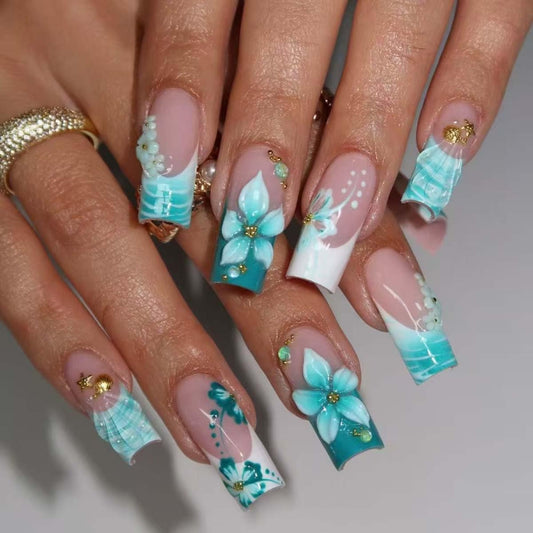 LINMEIZAI 24Pcs French Press on Nails Medium Square Blue Flower Fake Nails Press ons Nail Tips, Stick on Nails Acrylic Nails Kit False Nails with Gold Beads Design Nail Art for Women Cheerful Manicure
