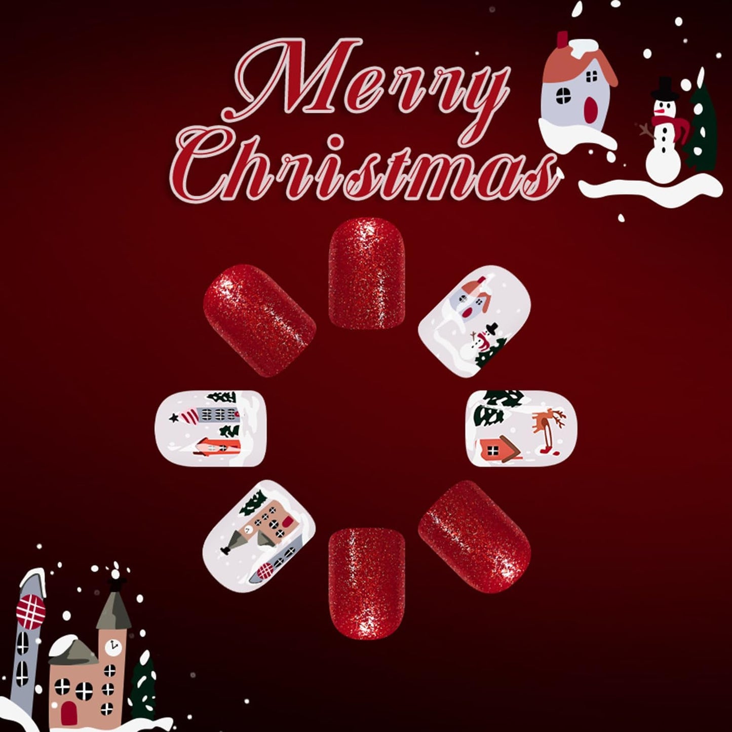 Christmas Press on Nails Short Square Fake Nails with Snow Snowman Designs Red Glue on Nails Glossy Acrylic Nail Cute WInter Stick on Nail for Women 24Pcs
