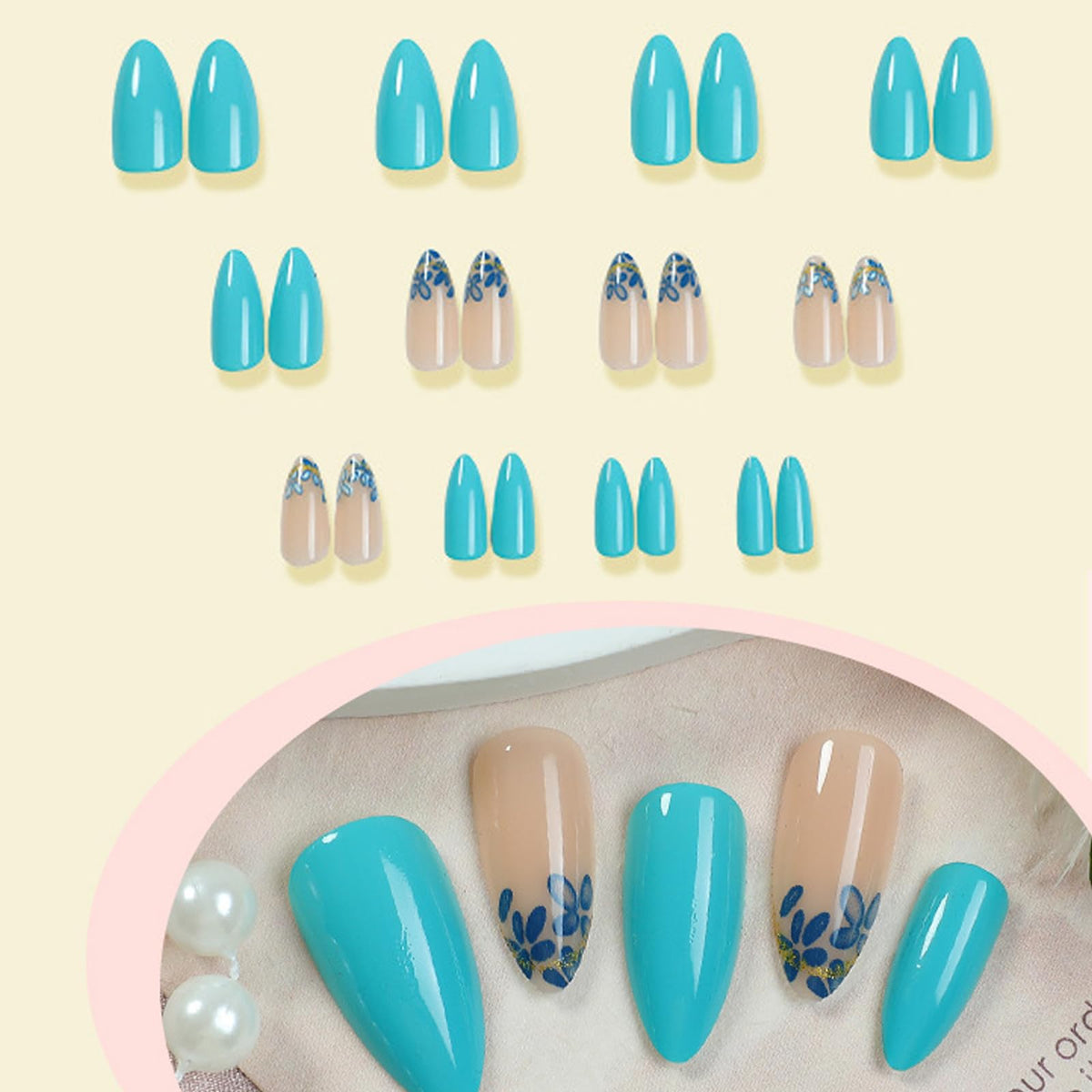 IMSOHOT Press on Nails Medium Almond Fake Nails with Blue Flower Design Glossy Gel False Nails Full Cover Artificial Acrylic Glue Stick on Nails for Women Manicure Kit 24Pcs