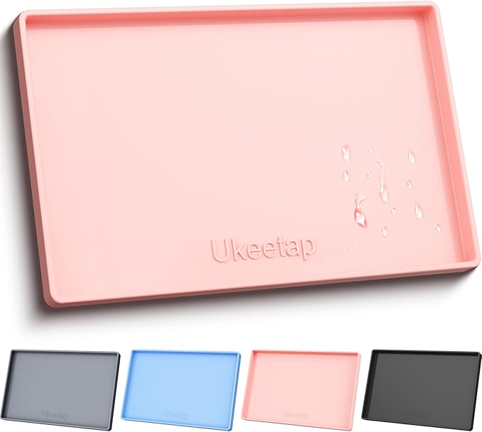 ukeetap Extra Thick Silicone Mat Waterproof with Raised Edge 19â x 12â, BPA Free Non-Slip Dog & Cat Food Mat, Feeding Mat for Food and Water Bowls, Spill Proof Mat to Protect Floors, Pink