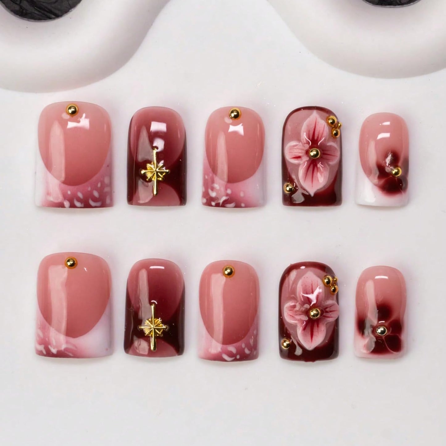 Handmade Press on Nails Square False Nails with 3D Flower & Golden Steel Designs Thicked Fake Nail Gradient Full Cover Muti-Layer Gel Acrylic Nails Red French Tip Stick on Nail for Women (S)