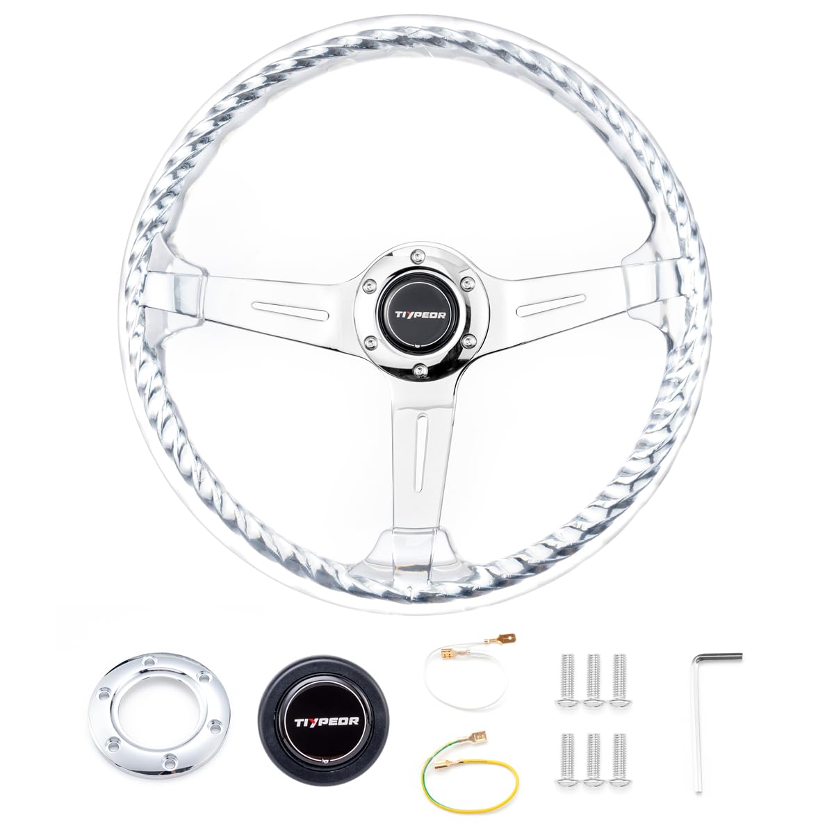 TIYPEOR Hitman Style 14 Inch Car Steering Wheel universal 350mm Clear Metal Twisting Steering Wheel with Accessories