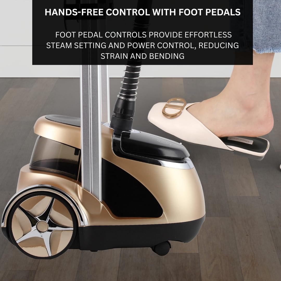 SALAV® Professional Standing Garment Steamer with Retractable Power Cord, Foot Pedal Control, Wheels for Easier Movement (Gold)