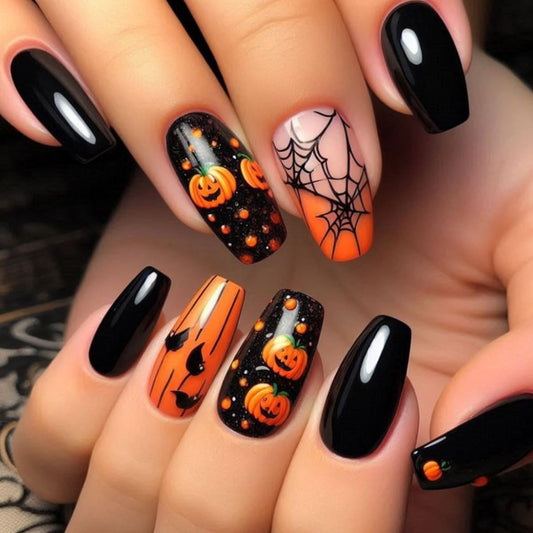 24Pcs Colorful Halloween Press on Nails Medium Square Fake Nails with Glitter Pumpkin Spider Web Design False Nails Purple Full Cover Cute Cat Glue on Nails for Women Girls Manicure Decoration