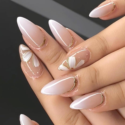 24Pcs White Flower Press on Nails Medium Length Almond Fake Nails Press on Floral Petals Design Gilded Line False Nails Pink Gradient Full Cover Chrome Gold Glossy Artificial Acrylic Nails for Women