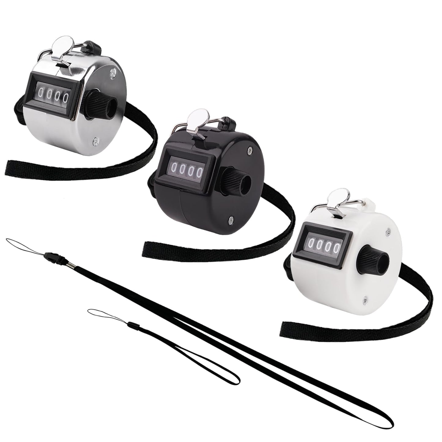 BGJRBY 3 Pack Hand Tally Clicker Counter 4 Digit Display Mechanical Palm with Metal Finger Ring for Coaching, Knitting, Lap, Fishing, Golf and Row Sport with 2-Nylon Lanyard (Black White Silver)