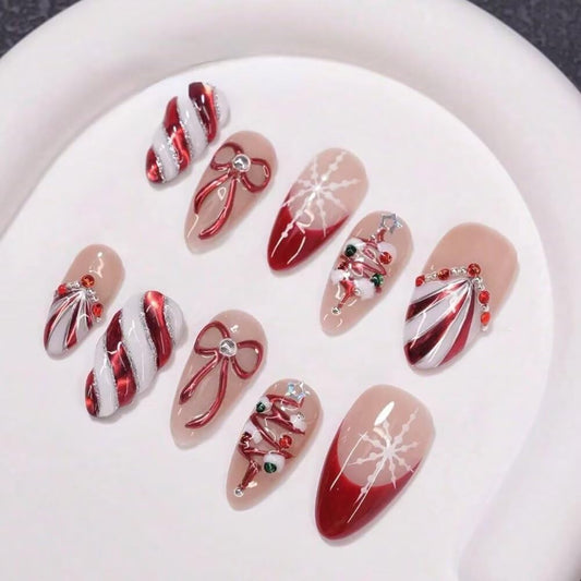 MAGLFELL Press On Nails - Handmade Almond short Nails, Painting French 3D Stars Art Design press ons, Reusable Artificial False Nails for Women 10 Pcs Acrylic Nails Kits (Size M)