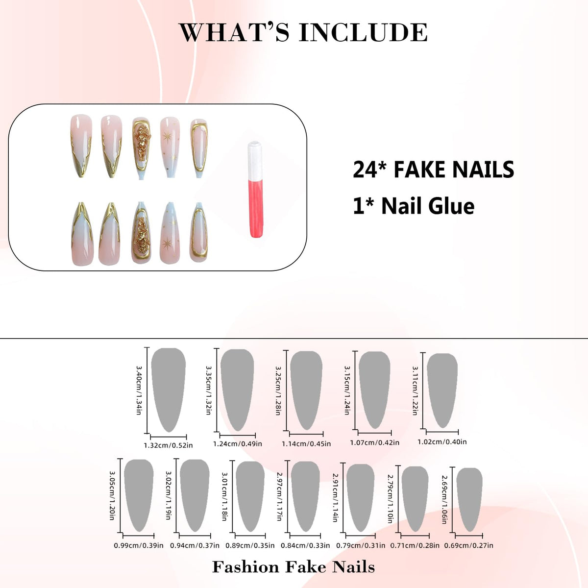 IMRAIN Long Press on Nails Stiletto Nude Blue Gradient Fake Nails 3D Golden Edge French Nail Tips Full Cover Handmade Acrylic Glossy False Nails with Angel Designs 24Pcs Elegant Manicure