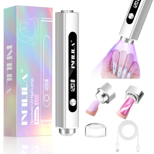 NXJ INFILILA Multi-Functional Handheld UV Light for Gel Nails with Cat Eye Magnet - Portable Flash Cure Nail Lamp for French Manicures, Detail Work, Type-C Cordless for Travel & Home Use(Silver)