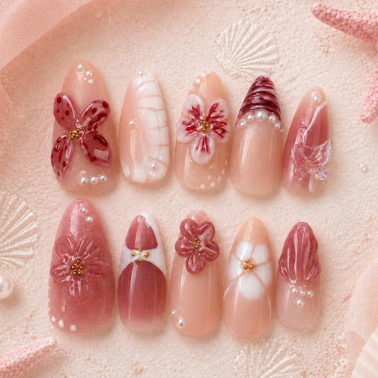 2IM Studio Handmade Press On Nails – 10 Piece Soft Gel Nail Kit with Glue & Tool Set, Reusable Artisan Nails, Salon-Quality Finish (Ruby Bloom-S)