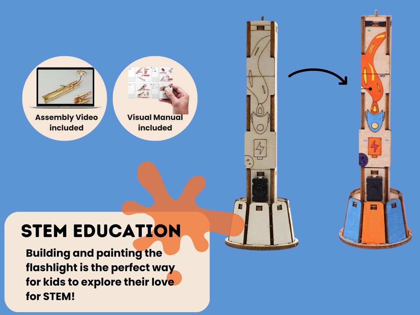 Pica Toys DIY Wooden Flashlight STEM Kit for Kids Aged 6-10 | Battery-Operated Educational Science Experiment Kit with Built-in Switch