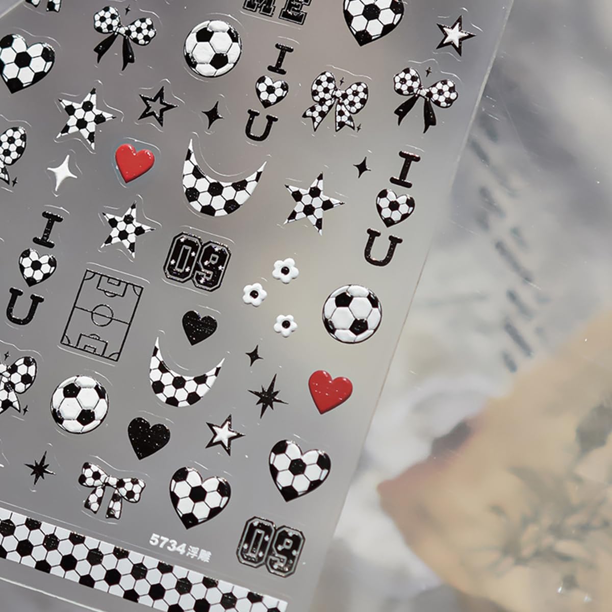 5D Embossed Nail Stickers Black White Nail Decals Soccer Bow Star Heart Nail Art Stickers Self-Adhesive Nail Stickers for Nail Art for Women Girls Y2K DIY Manicure, 1 Sheet