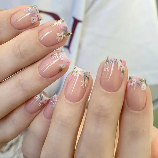 French Tip Press on Nails Short Square Spring Flower Fake Nails with Glue Nude Glossy Acrylic Nails Floral Stick on Nails Full Cover False Nails for Women Manicure 24PCS Reusable Artificial Nails