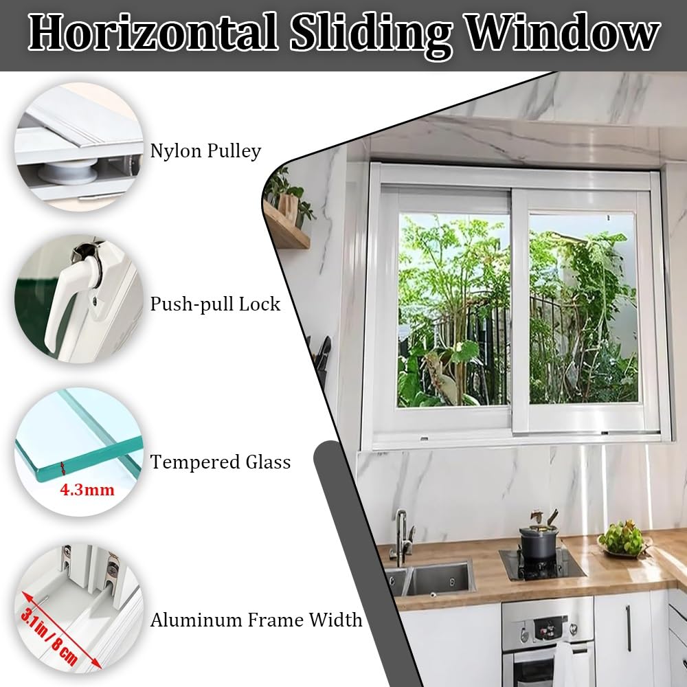 Basement Sliding Window, Push-Pull Lock, Ventilation & Natural Light for Replacement Window, Shed, Garage, Barns(Black,30x12in/76x30cm(WxH))