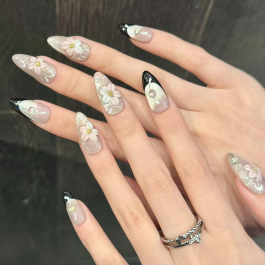 FANTACIEL Handmade Press On Nails Almond Shape, Pink Blossom Floral False Nails, 3D Carving Full Cover Glue On Nails, Cute Acrylic Fake Nails for Women DIY Manicure & Daily Wear (Pink, M)
