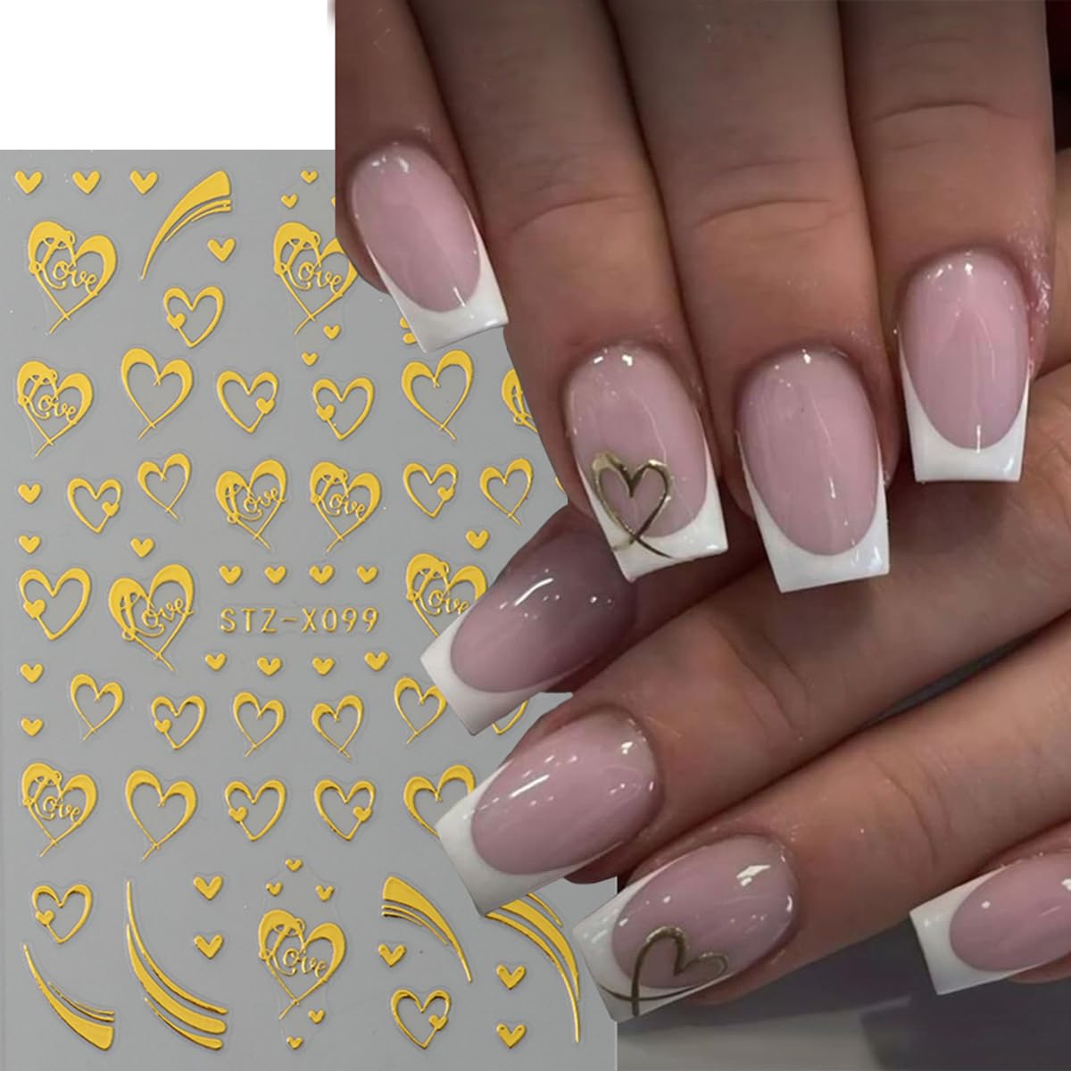 Valentine’s Day Nail Art Stickers Decals Golden Love Heart Nail Decals Nail Art Supplies 4PCS 3D Self-Adhesive Empty Heart Love French Stripe Valentines Nails Design Manicure Sliders for Women Girls