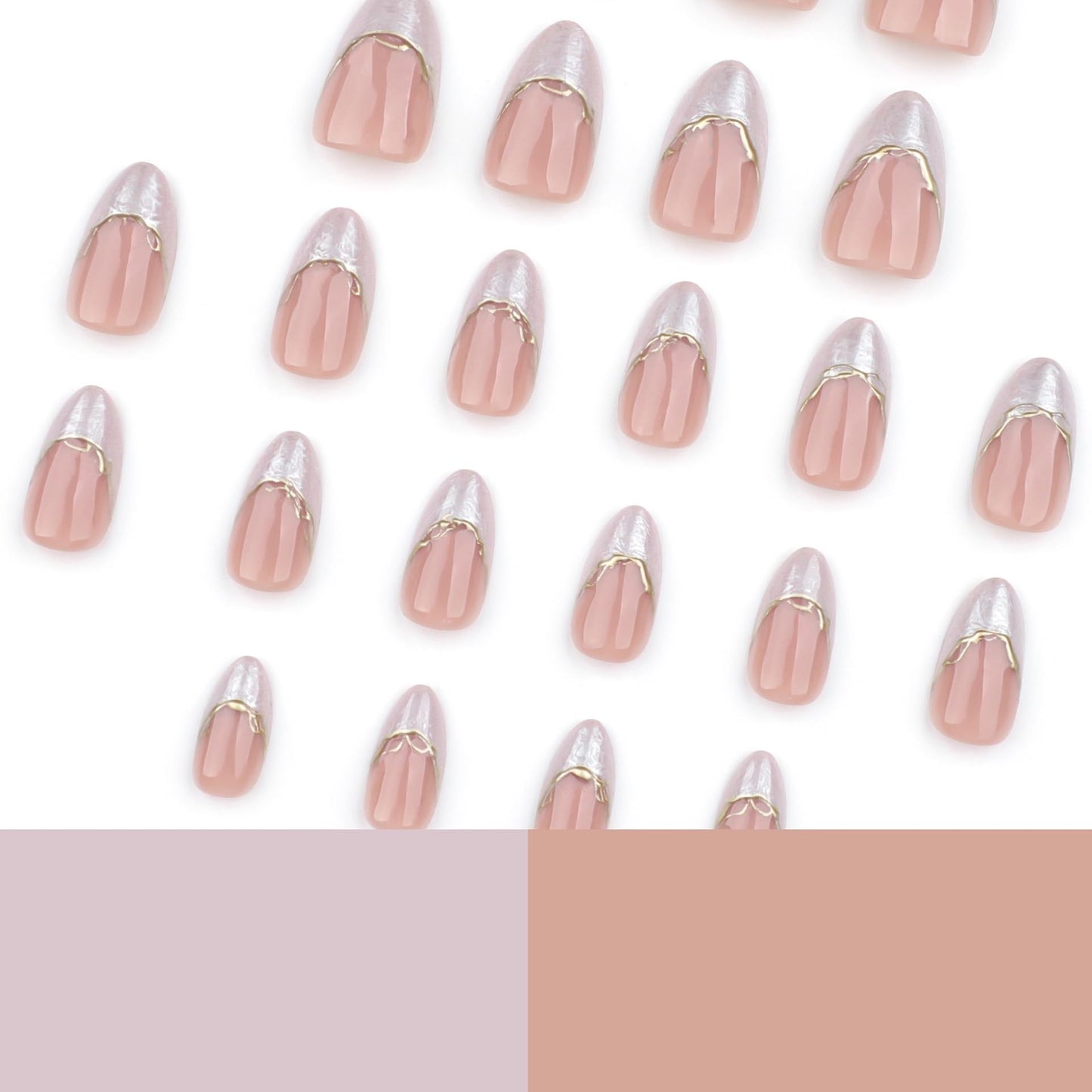French Tip Press On Nails Short Almond Fake Nails With 3D Gold Lines Design Nude False Nails Glossy Glue On Nails Reusable White French Acrylic Nail Full Cover Nail Tips For Women 24pcs
