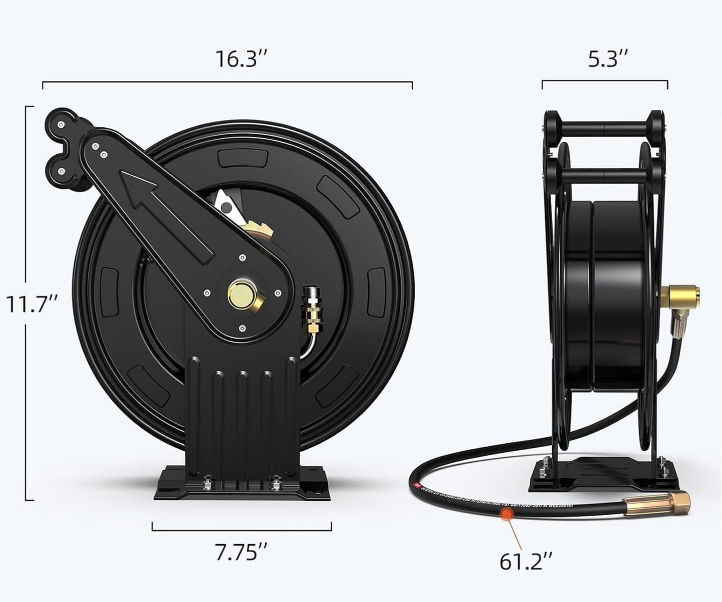 50FT x 3/8"Retractable Pressure Washer Hose Reel, Heavy Duty Steel Professional Power Wash Hose Reel with 5 ft Lead ，4000 PSI ，for Oil/Air/Water