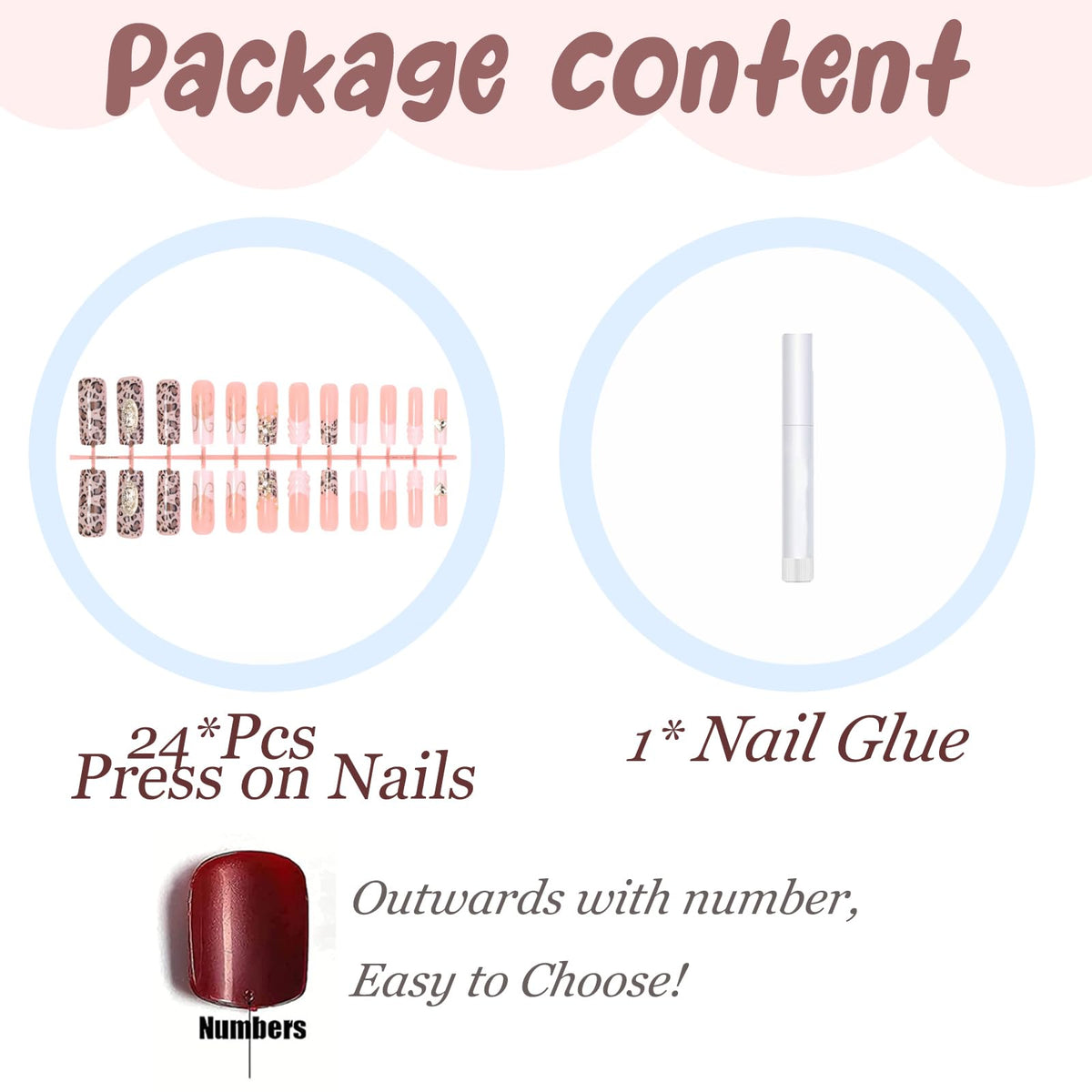 BABALAL Press On Nails, Long Square Fake Nails, Pink Ombre With White French Tip, Leopard Print & 3D Gold Cross Charm, Glossy Full Cover Glue On Nails For Women And Girls 24Pcs