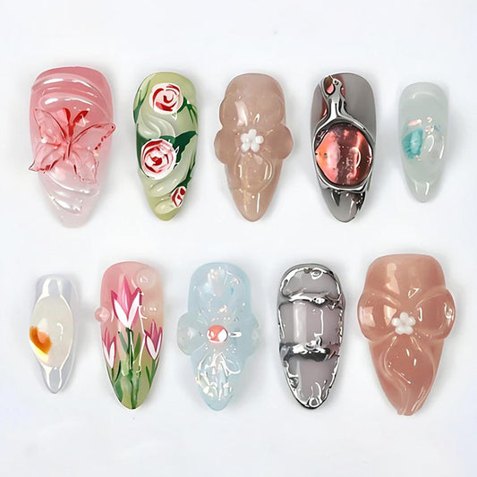 30Pcs Flower Press on Nails Medium Almond Fake Nails with 3D Rhinestone Designs Rose Tulip Floral False Nails Chrome Silver Glue on Nails Glossy Full Cover Cute Butterfly & Bow Acrylic Nail for Women
