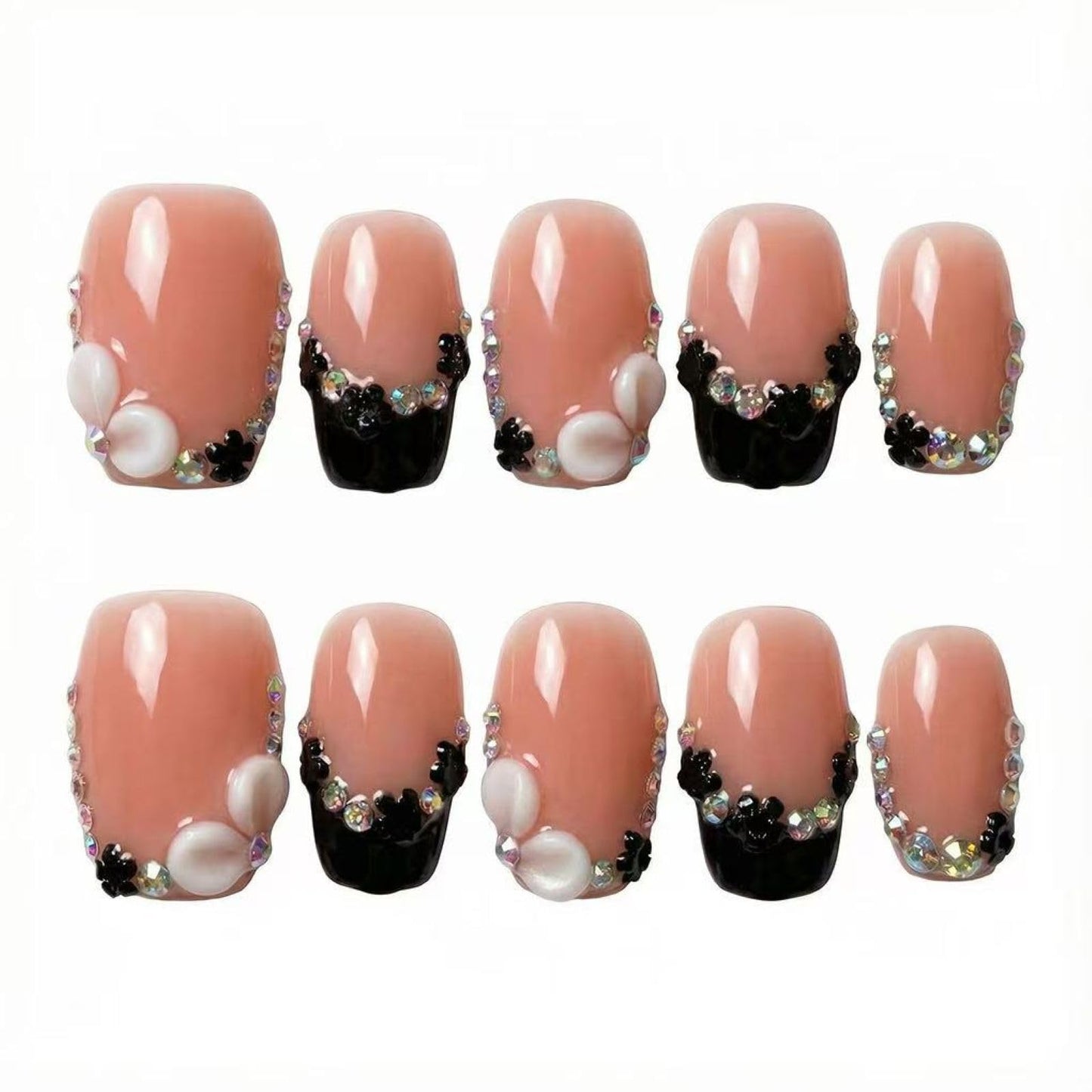 MikaJayboo Handmade Medium Square Press on Nails Black French Tip Fake Nails with 3D White Flower & AB Rhinestone with Women and Girls for Daily Party 10Pcs(Size M)