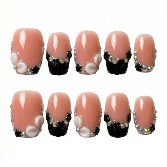 MikaJayboo Handmade Medium Square Press on Nails Black French Tip Fake Nails with 3D White Flower & AB Rhinestone with Women and Girls for Daily Party 10Pcs(Size M)