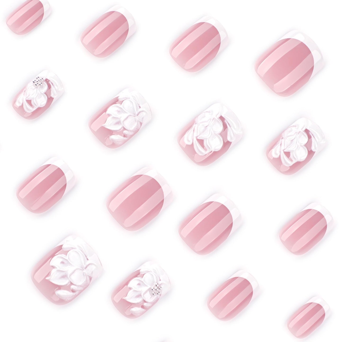 OCOUYVD 24 Pcs 3D Flower Press-on Nails White French Tip False Nails Embossed Floral Steel Ball Designs Spring Short Square Glossy Acrylic Nails Full Cover Stick-on Nails for Women Nail Art