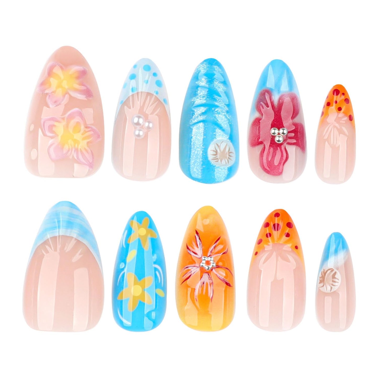 24 Pcs 3D Flower Press on Nails Medium Almond Fake Nails with Pearl Floral Designs Full Cover Glue on Nails Glitter Acrylic Blue and Yellow False Nail for Women