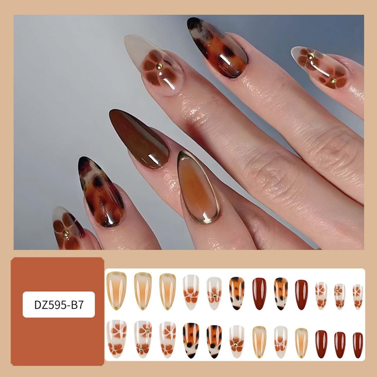 Medium Almond Press On Nails Brown Fake Nails Leopard Print With Flower Gradient Design Fall False Nails Reusable Glue On Nai Acrylic Stick On Nail For Women Girls DIY Manicure 24pcs