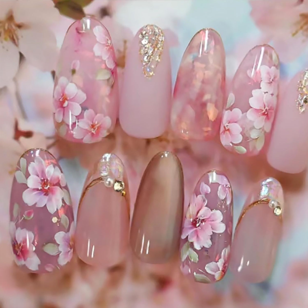 24Pcs Peach Blossom Press on Nails Medium Almond Fake Nails 3D Pearl Rhinestones Design Pink Flower Full Cover Artificial Stick on Nails Spring False Nails for Women Acrylic Manicure Salon Decorations
