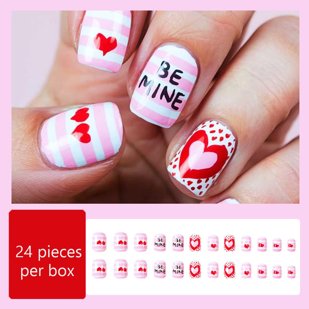 24Pcs Valentine's Day Press on Nails Short Square Glossy Fake Nails with Glue Full Cover Red Heart Pink White Stripe False Nails for Women Manicure Valentines Nail Decor Accessories Supplies