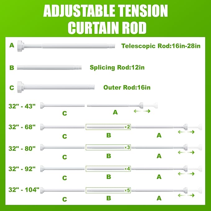 Ausemku Shower Curtain Rod - 32-92 Inch Rustproof Tension Rod, Non-Slip Spring Design, No Drilling Adjustable Curtain Rod for Bathroom, Kitchen, and Closet（White）
