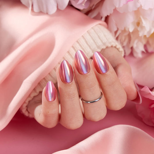 VSALON Press on Nails Short Almond - Pink Cat Eye Chrome Fake Nails Kit for Women, Spring Reusable Aurora Effect Opaque Holographic Summer Glue on Nails - 32 PCS Stick On Nails in 16 Sizes