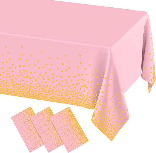 misaya 3 Packs Dot Disposable Table Cloth, 54 x 108 Inch Waterproof Plastic Tablecloth, Rectangle Gold Dots in Pink Table Covers for Mother's Day, Picnic, Birthday, Party