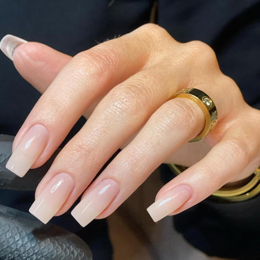 KQueenest Light Nude Press on Nails Long Medium Square, Glazed Fake Nails Press ons, Glue on Nails Coffin For Women, Gel Square Tip Nails, Acrylic False Nails Set For Finger Decoration, 24 Pcs