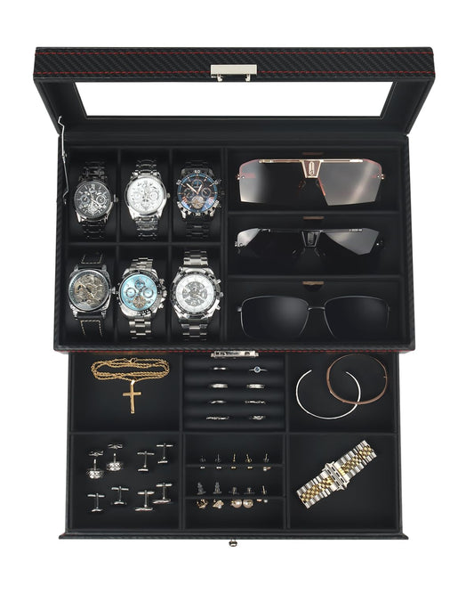 Kukikan Watch Jewelry Box Organizer, 6-Slot 2-Layer Watch Case and Sunglasses Storage with Large Glass Lid, Men's Jewelry Box with Lock, Watch Holder Display Case, Gift for Men Women