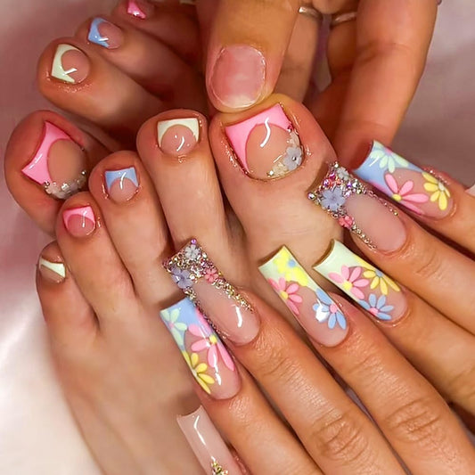 CTTHNBD Long Press on Nails Square & Press on Toenails Set, Colorful French Tip, Flower Fake Nails - Summer Press on Toenails - for Women 48 Pcs