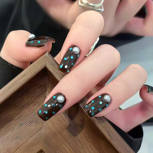 RikView Square Press on Nails Medium Fake Nails Dark Brown Nails with Polka Dots Design Glossy Full Cover Nails for Women 30 PCs/Set