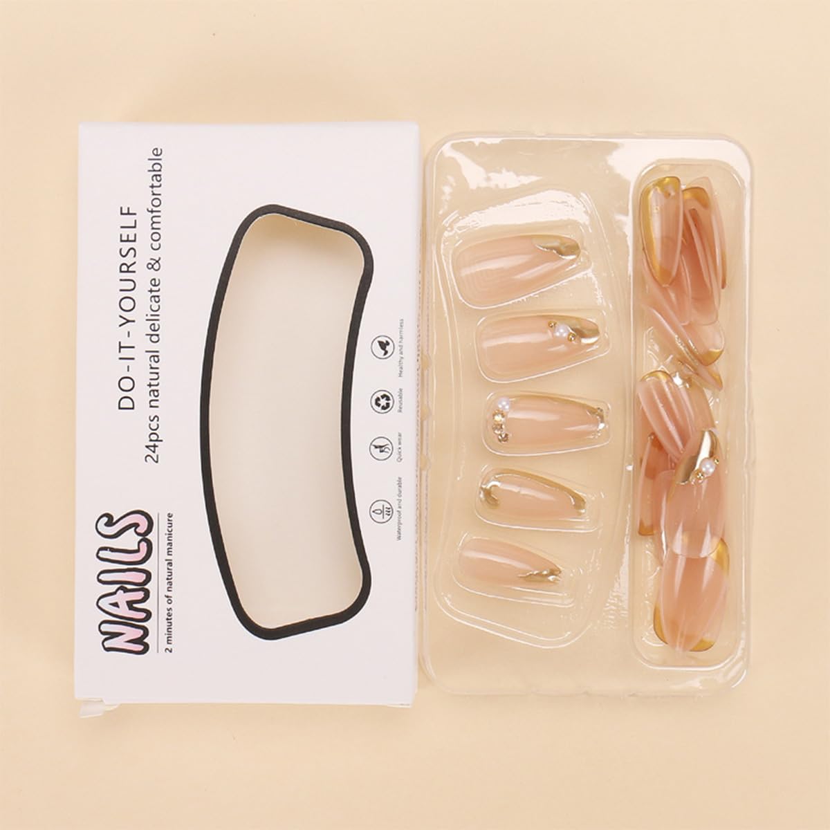 24Pcs French Tip Press on Nails Short Almond Fake Nails 3D Pearls Rhinestones French Line Full Cover Gold False Nails Designs Glue on Nails Glossy Artificial Nails for Women Acrylic Nail Decoration
