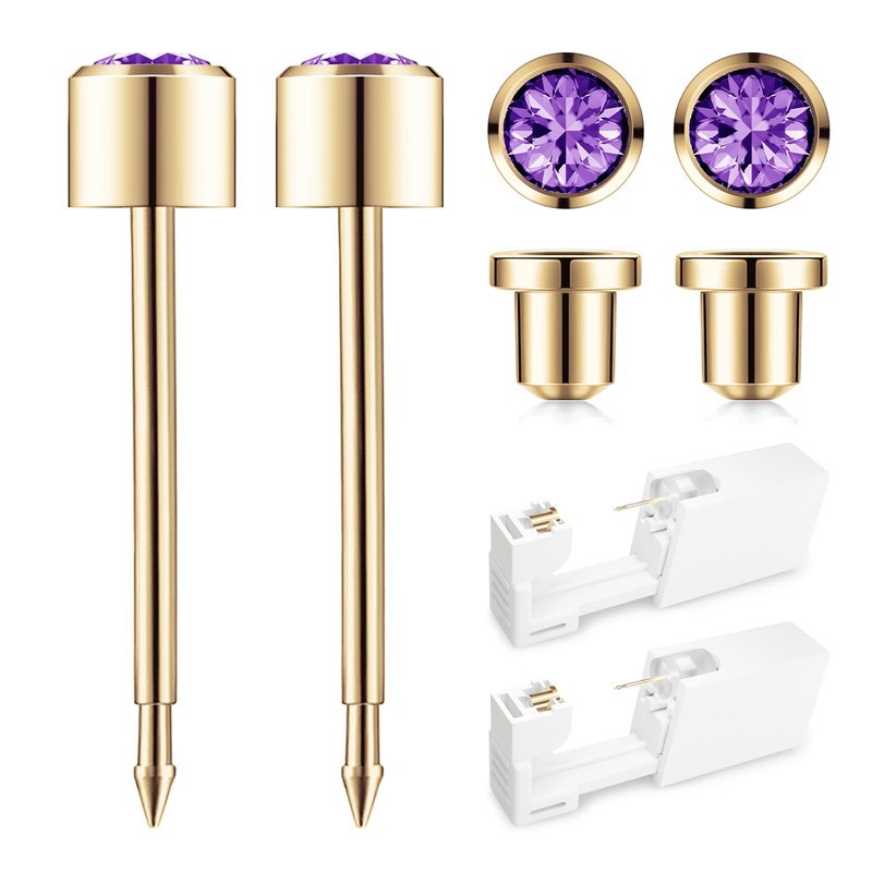 SugarTang Ear Piercing Kit Gold 4mm with Safety Back Disposable Ear Piercing Gun Kit 2 Pack Made in 316L Surgical Stainless Steel | At Home Self Ear Piercer Kit with Preloaded Ear Stud (Amethyst)