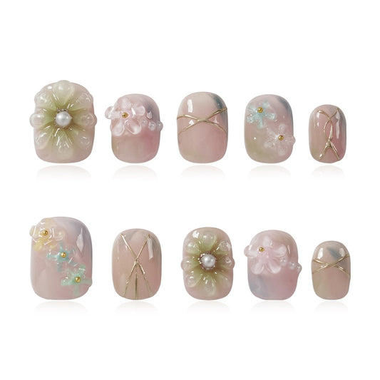 Tesytto 3D Floral Press on Nails Short Round - Handmade Pink Gradient with Pearls, Luxury Soft Gel Reusable Fake Nails (Soft Petal Pearl Glow, L)