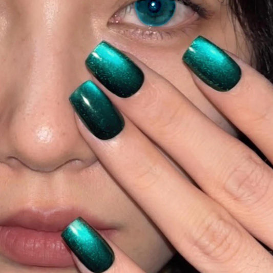 Cat Eye Press on Nails Short Square Fake Nails with Glitter Designs Green Nails Press ons Black Glue on Nails Glossy False Nails Full Cover Stick on Nails for Women 24Pcs