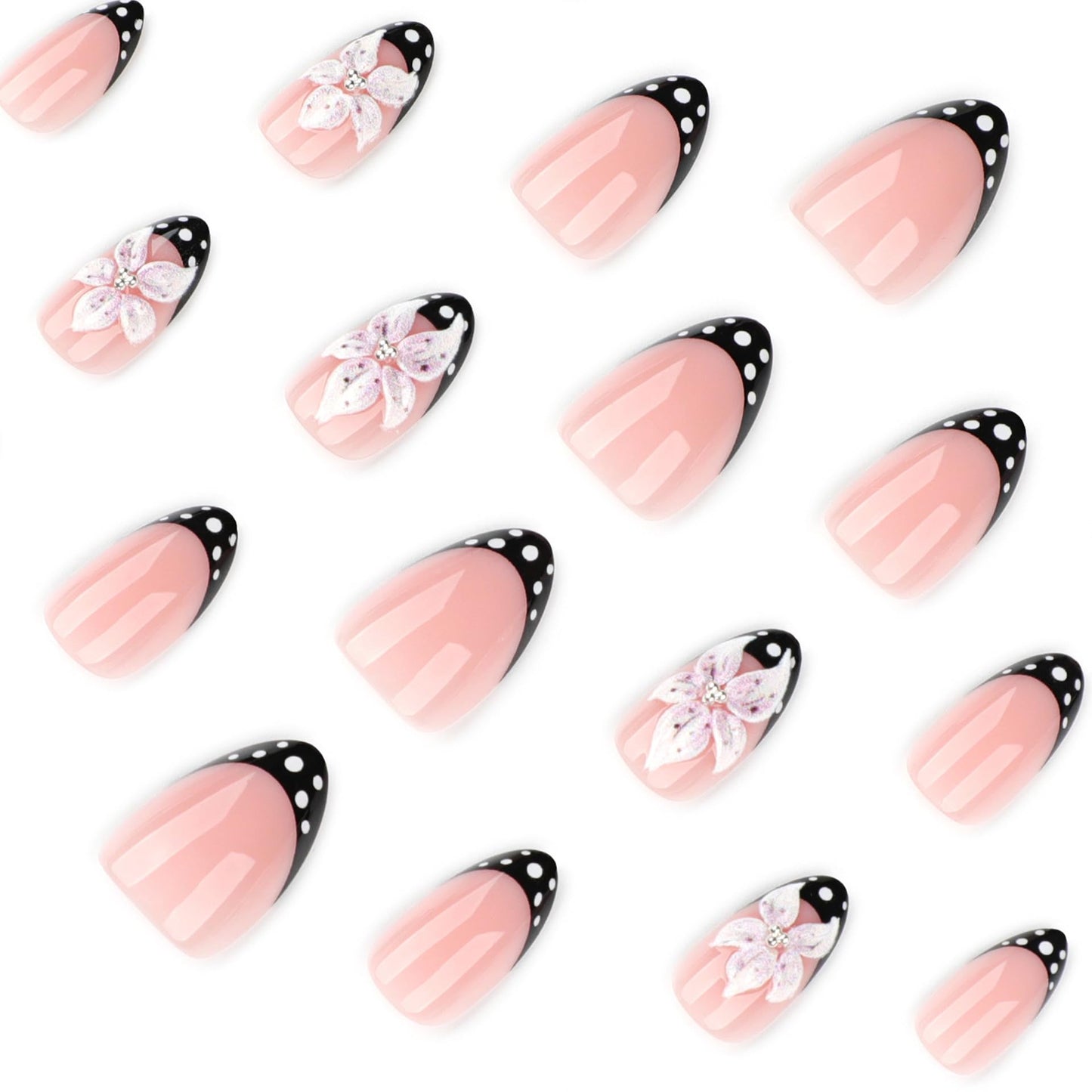 3D Flower Press on Nails Black French Almond Fake Nails with White Polka Dot Tip Cute Spring Glue on Nails,Nude Pink Full Cover Stick on Nails Polka Dot Nails Press ons for Women