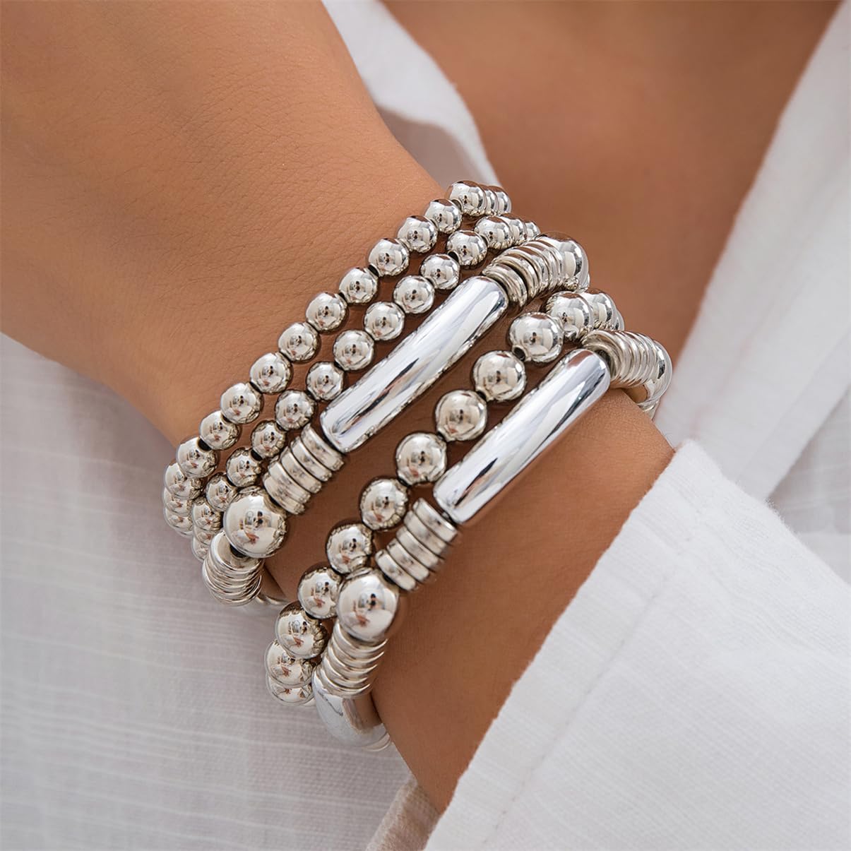LXSSLY 5Pcs Silver Bangles Bracelets Set for Women,14K Gold Plated Stackable Bead Ball Bracelets Set,Adjustable Bead Bracelets,Boho Stretch Bead Ball Bracelet for Women