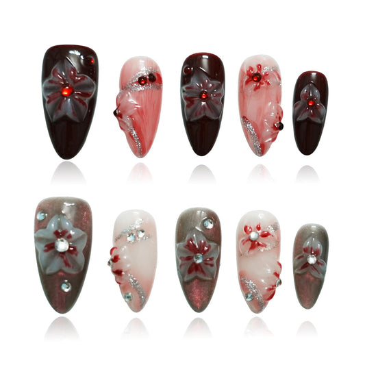Tesytto Handmade Floral Press on Nails - Medium Almond 3D Embossed Rhinestones & Red Ombre, Thick Acrylic Gel Nails for Parties, Valentine's Day (Evil Flower,M)