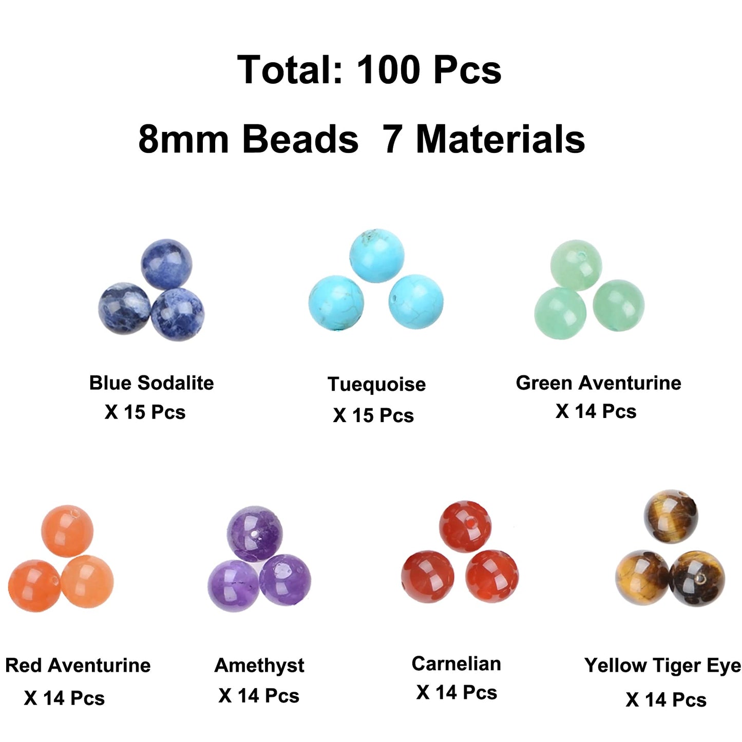 100Pcs Natural Crystal Beads Stone Gemstone Round Loose Energy Healing Beads with Free Crystal Stretch Cord for Jewelry Making (7-Chakra Beads, 8MM)